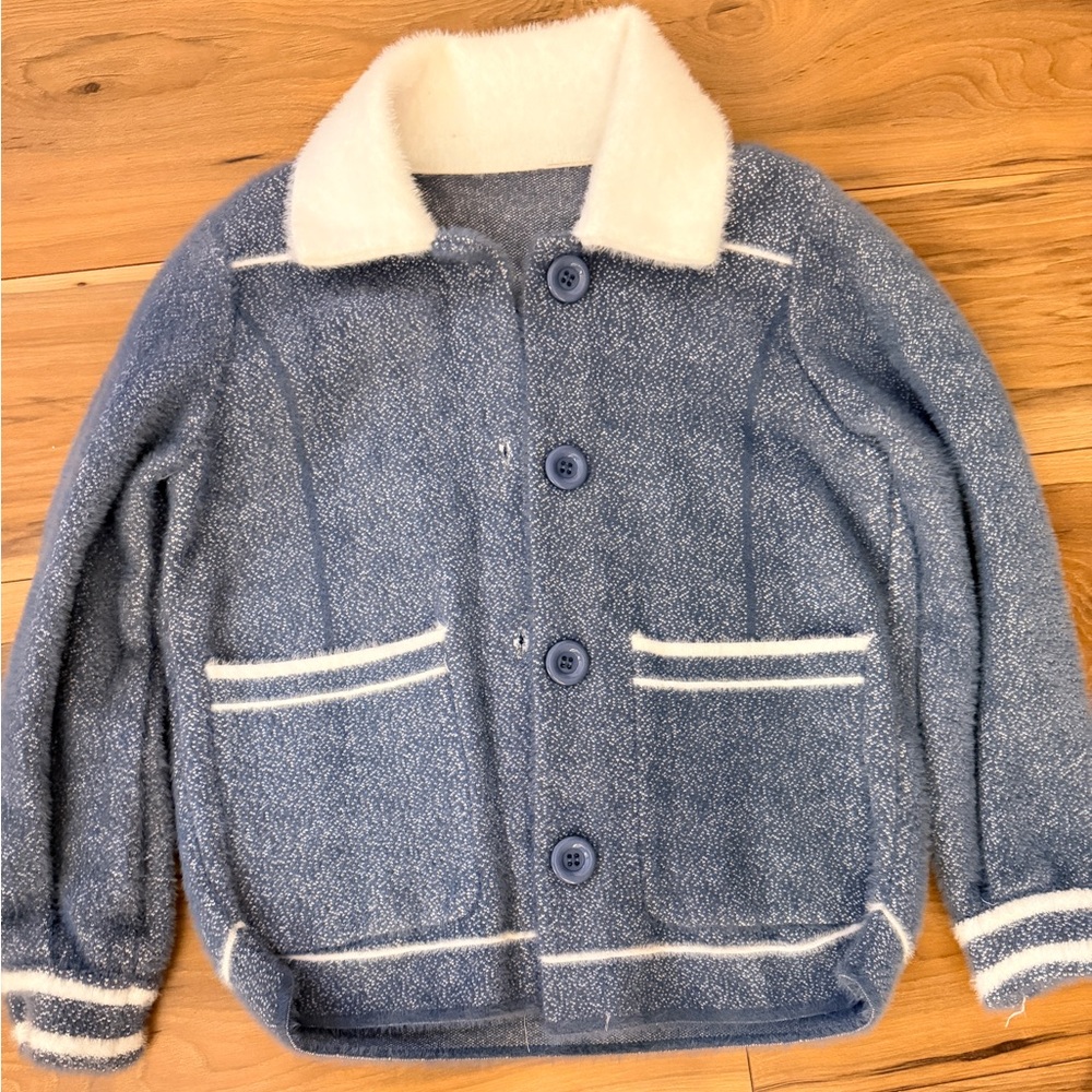 Cozy Blue Teddy Jacket with White Accents